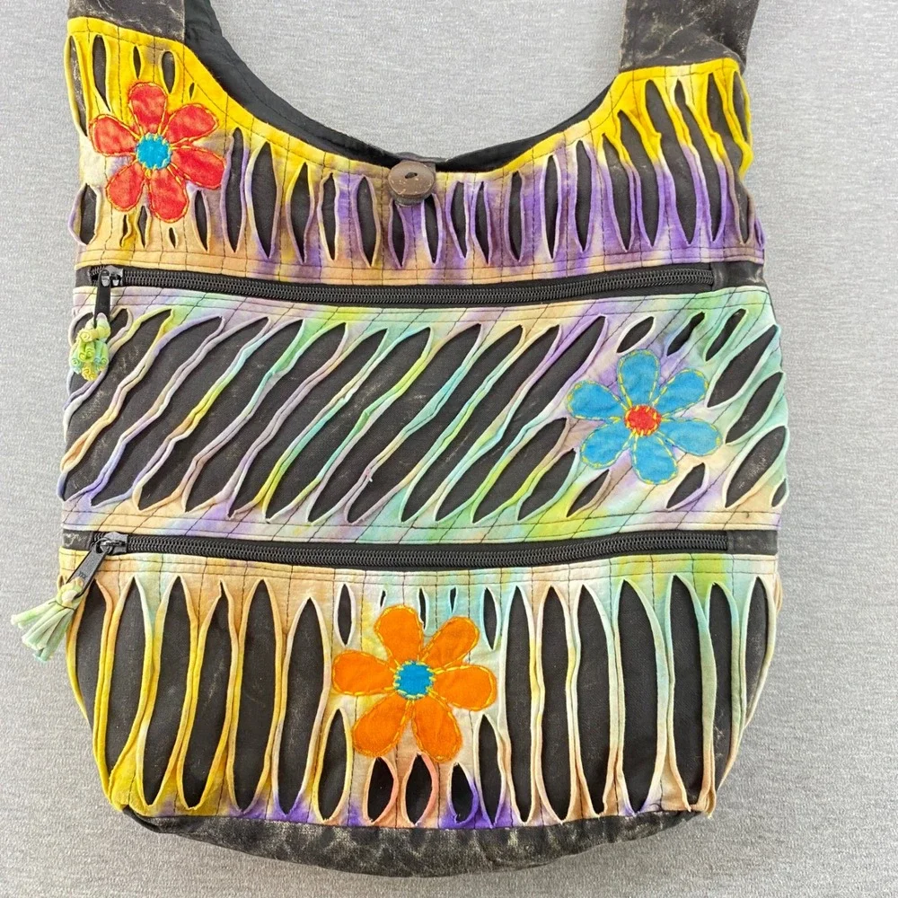 Boho Hippie Hobo Crossbody‎ Bag Floral Embroidered Shoulder Button /Zip Closure